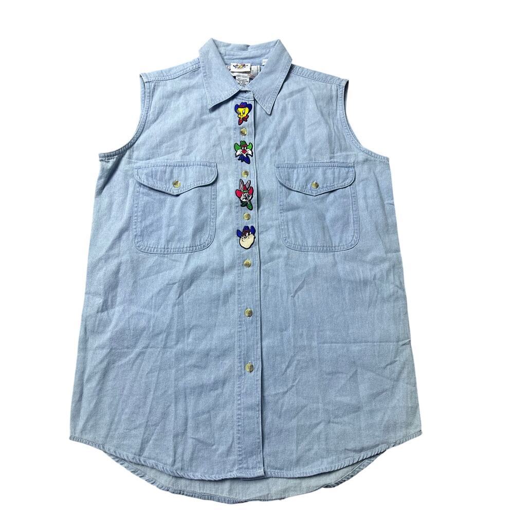 Vintage Looney Tunes Denim Sleeveless Button Down Top Shirt Sz S Cotton